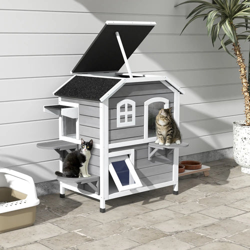 2-Storey Outdoor Cat House, Wooden Catio, Openable Roof, Grey
