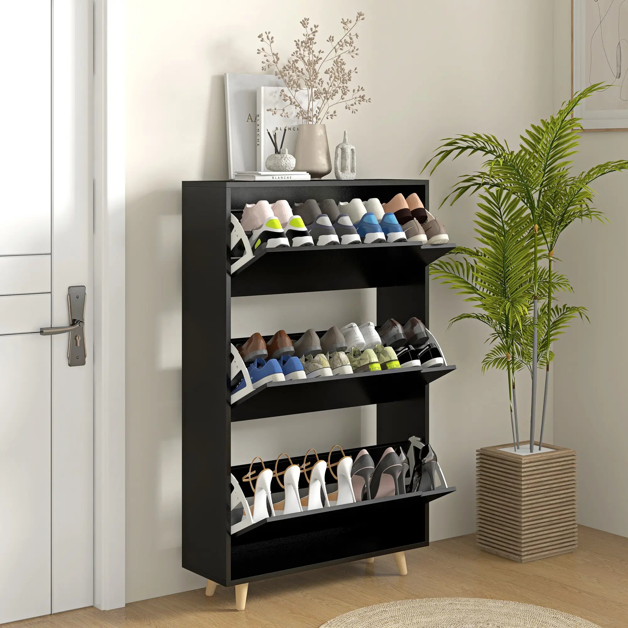 Slim Shoe Storage Cabinet, 3 Flip Drawers, Adjustable Shelves, 18-24 Pairs, Black Shoe Storage Cabinets & Racks at Gallery Canada