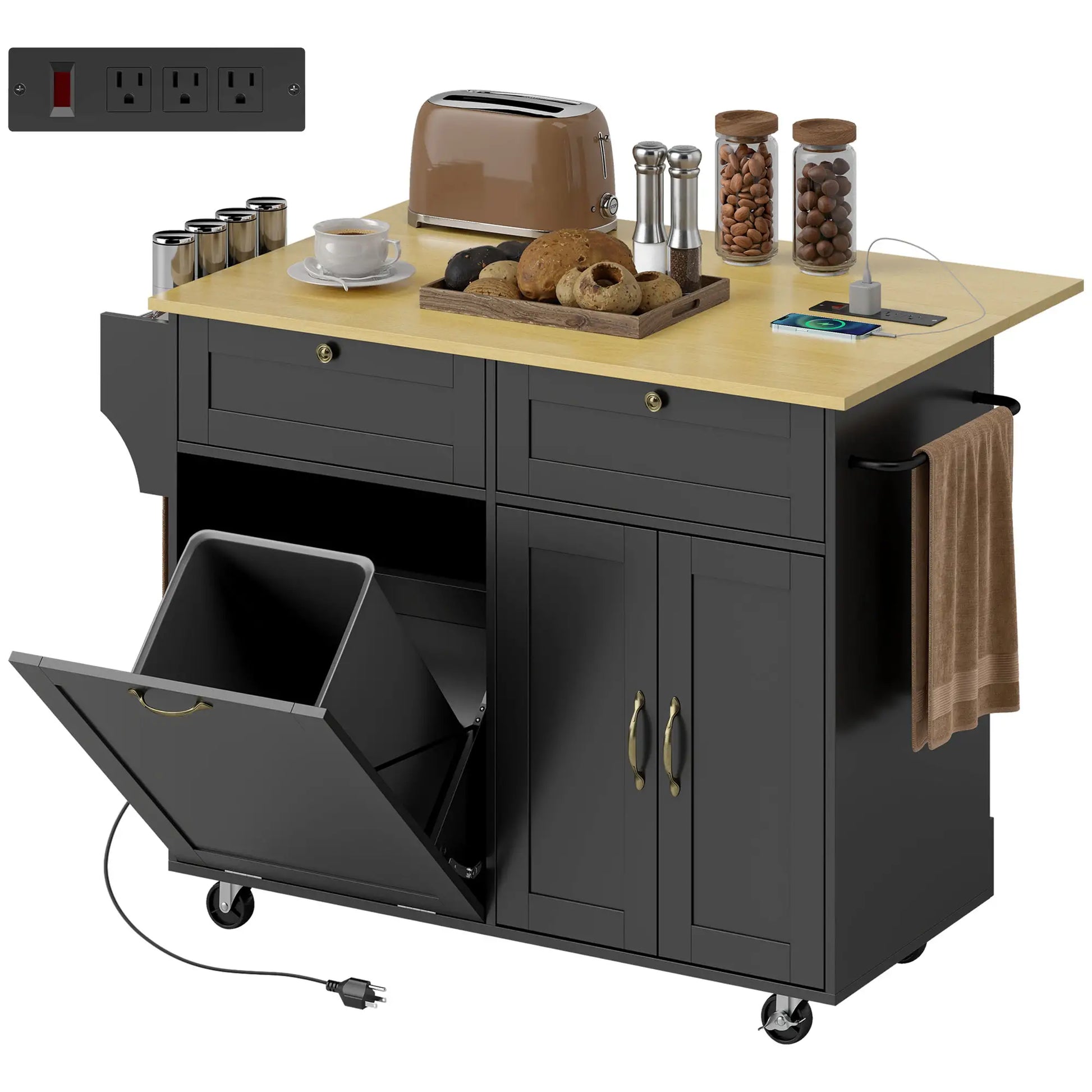 Kitchen Island Cart with Charging Station, Drop Leaf, Black Kitchen Islands & Kitchen Carts at Gallery Canada