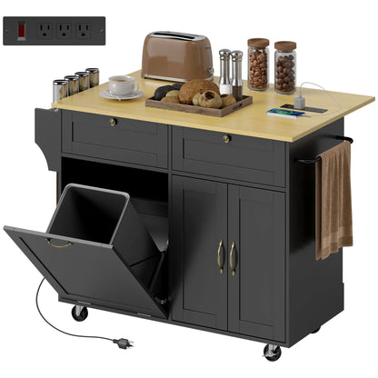 Kitchen Island Cart with Charging Station, Drop Leaf, Black Kitchen Islands & Kitchen Carts at Gallery Canada
