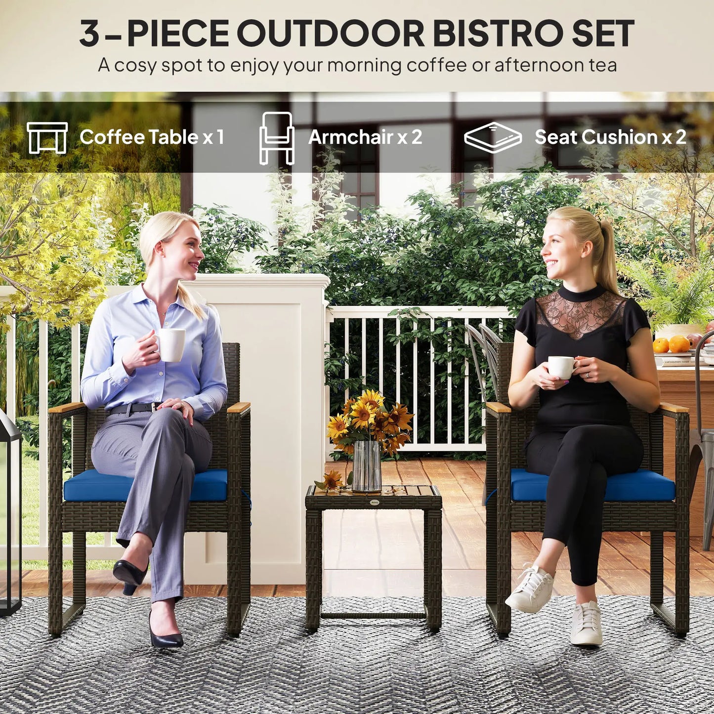 3-Piece Wicker Patio Set, Rattan Bistro, Acacia Table, Dark Blue Bistro Sets at Gallery Canada