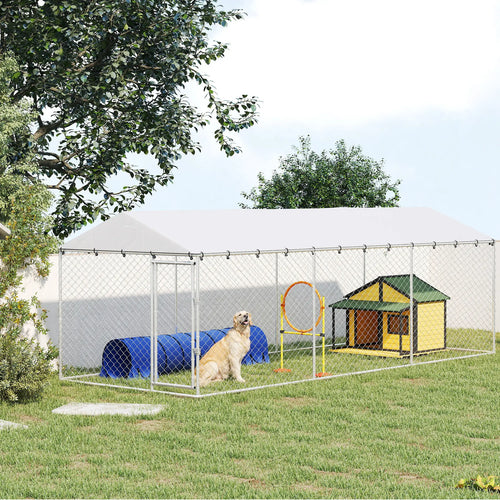 20' X 7.5' X 6.5' Dog Kennel Outdoor, Waterproof Cover, Silver