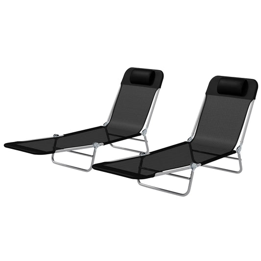 Folding Outdoor Lounge Chair Set, 2 Reclining Tanning Chairs, 5-Position Adjustable Backrest, Black Lounger Chairs Black at Gallery Canada