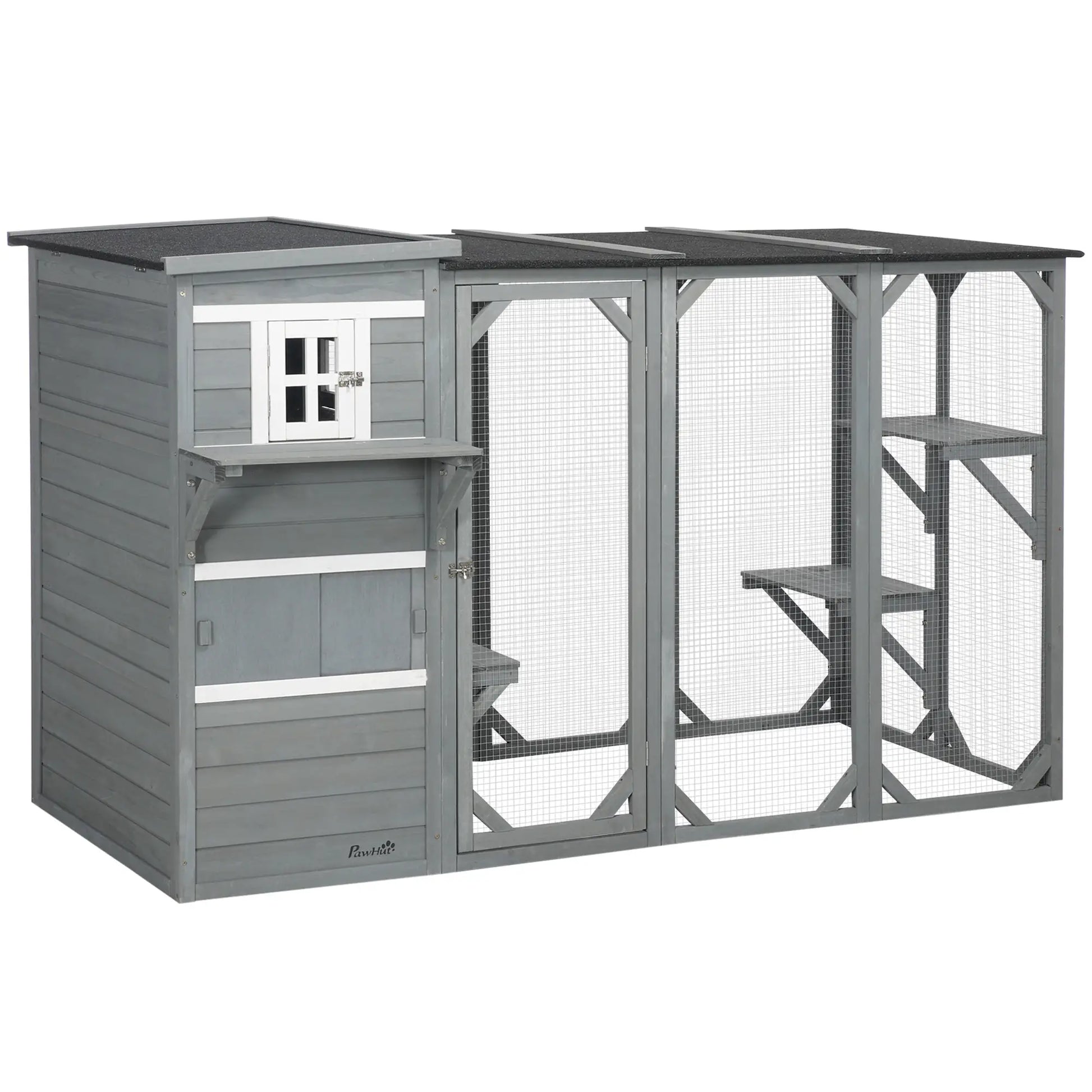 Wooden Cat Catio, 76"L Outdoor Cat House, Asphalt Roof, Light Grey Outdoor Cat Enclosures at Gallery Canada