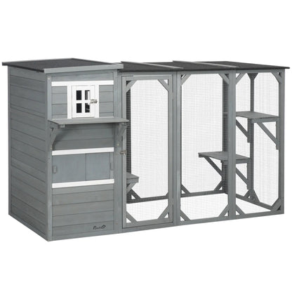 Wooden Cat Catio, 76"L Outdoor Cat House, Asphalt Roof, Light Grey Outdoor Cat Enclosures at Gallery Canada