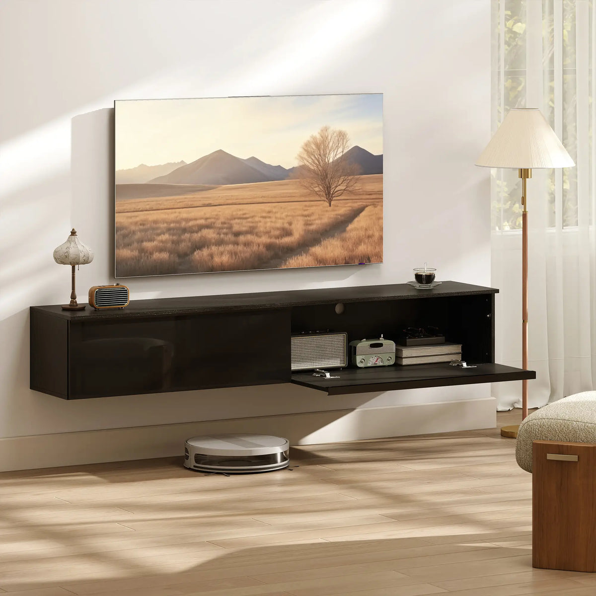 Wall Mounted TV Stand, Floating Cabinet With Storage, For TVs Up To 70", Black
