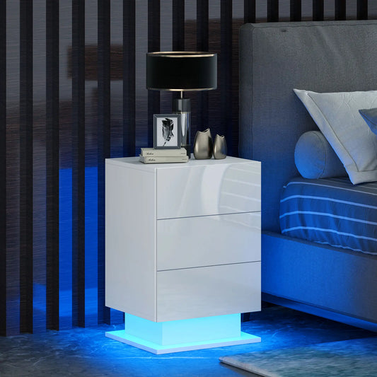LED Nightstand with 3 Drawers, APP Control, White Bedside Tables at Gallery Canada
