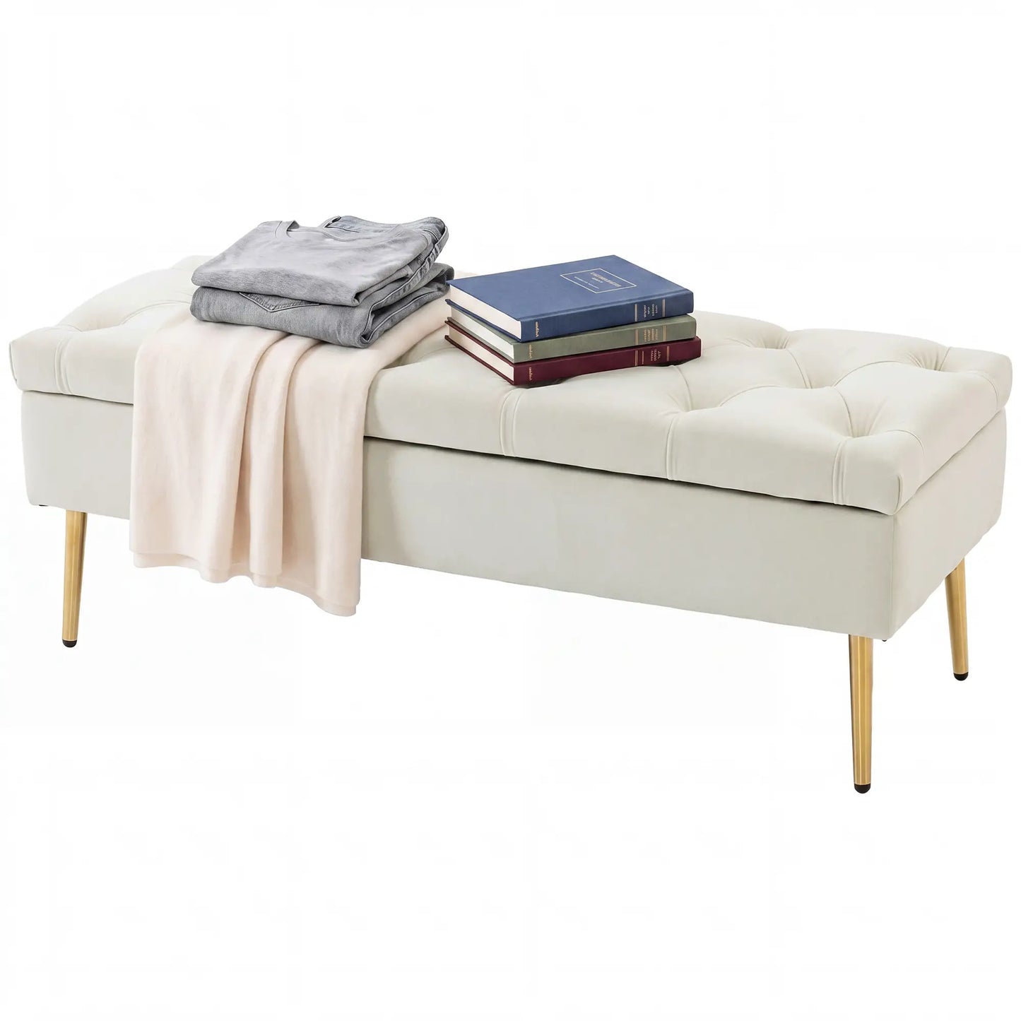 Upholstered Bedroom Bench with Gold Tone Metal Legs, Velvet Tufted and Thick Padding, Beige