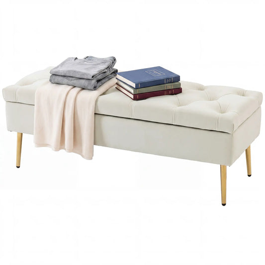 Upholstered Bedroom Bench with Gold Tone Metal Legs, Velvet Tufted and Thick Padding, Beige Storage Ottomans & Benches Beige, Gold Tone at Gallery Canada