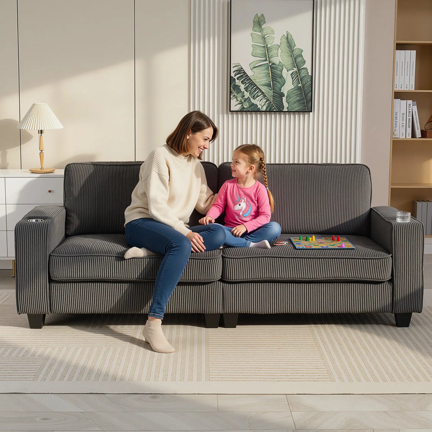 Three Seater Sofa, Fabric Couch with Spring Cushion, Cup Holders, Dark Grey 3-Seater Sofas at Gallery Canada