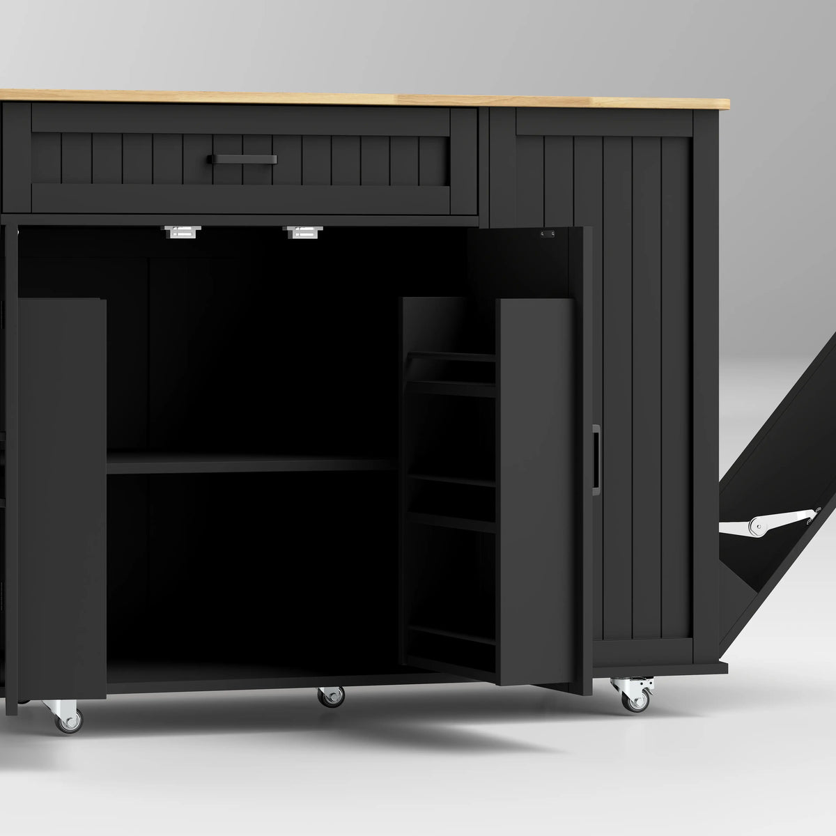 Kitchen Island Cart, Portable Table with Charging Station, Rubber Wood Drop Leaf, Trash Storage, Black Kitchen Islands & Kitchen Carts at Gallery Canada