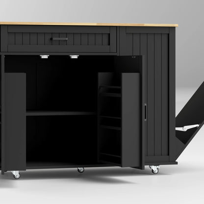 Kitchen Island Cart, Portable Table with Charging Station, Rubber Wood Drop Leaf, Trash Storage, Black Kitchen Islands & Kitchen Carts at Gallery Canada
