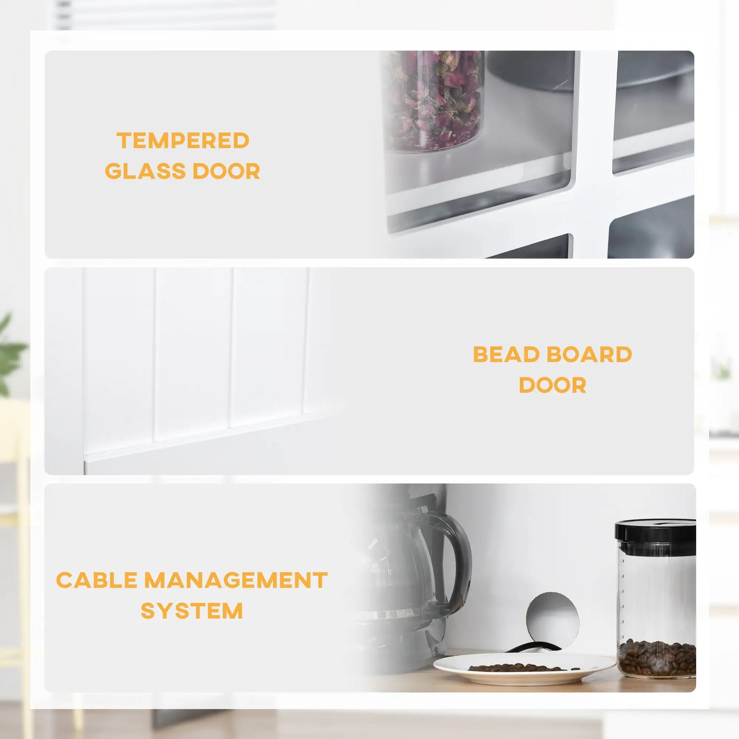 Buffet de cuisine style côtier, armoire de rangement en bois, porte vitrée encadrée, blanc