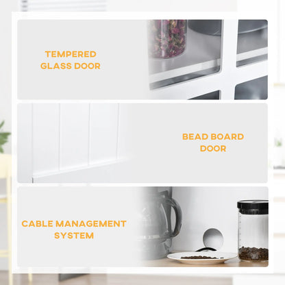 Buffet de cuisine style côtier, armoire de rangement en bois, porte vitrée encadrée, blanc