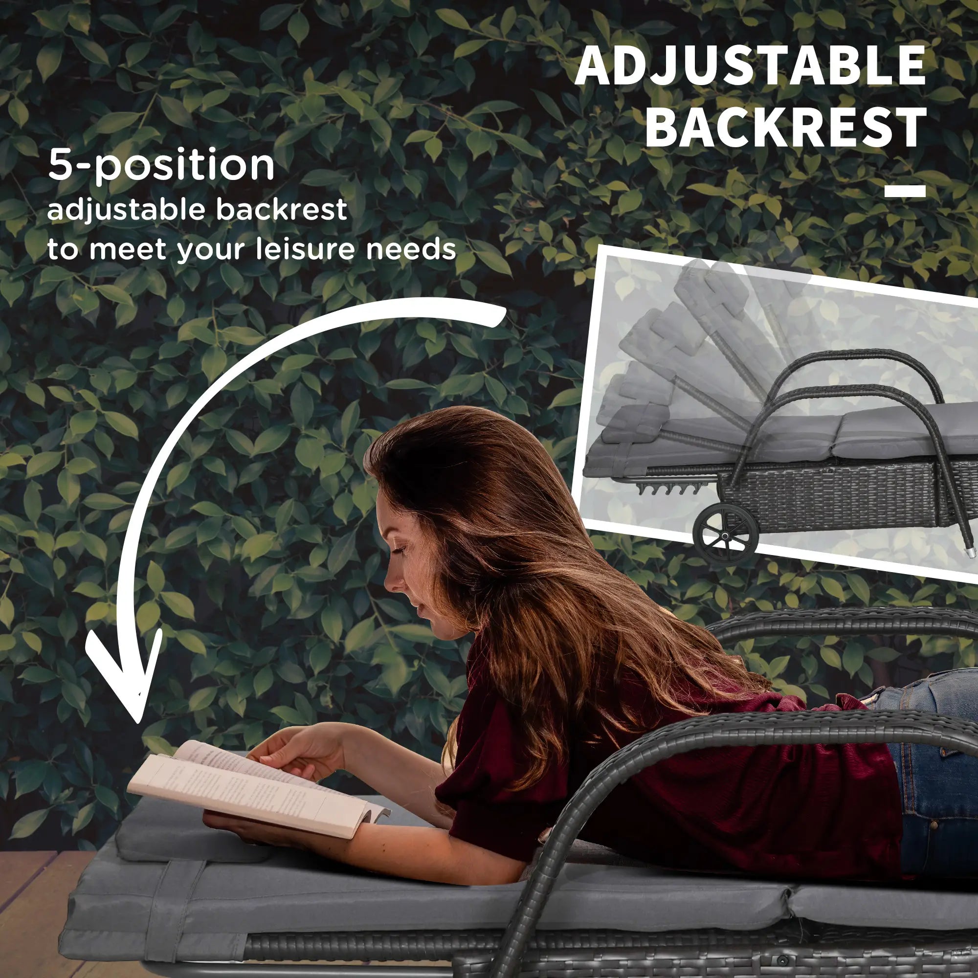 Outdoor Lounger, Adjustable Deck Chair, Headrest, Wheels, Deep Coffee, Med Grey, Coffee, Grey Chaise Loungers at Gallery Canada