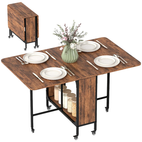 Folding Dining Table, Extendable Kitchen Table, Rustic Brown, 6 Wheels, Brown
