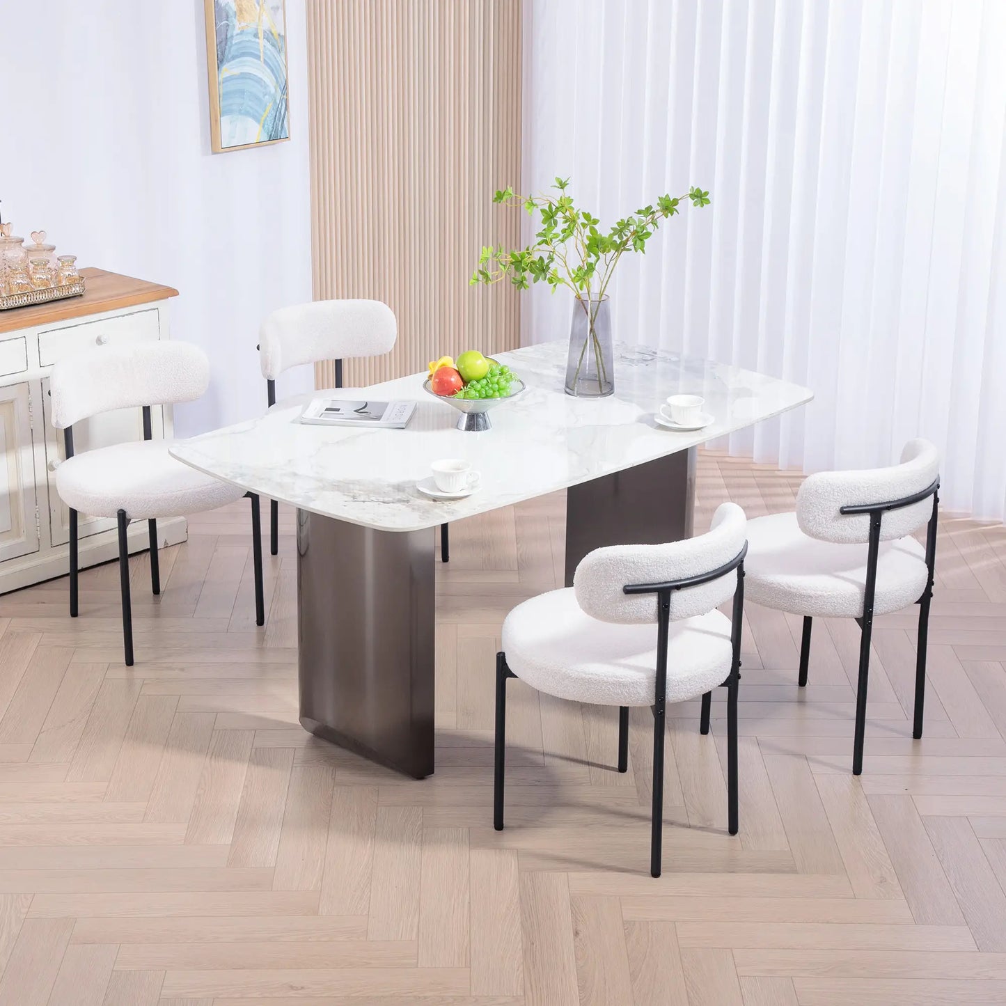 4 Kitchen Chairs, Modern Dining, Berber Fleece Upholstery, Steel Legs, Cream White Dining Chairs at Gallery Canada