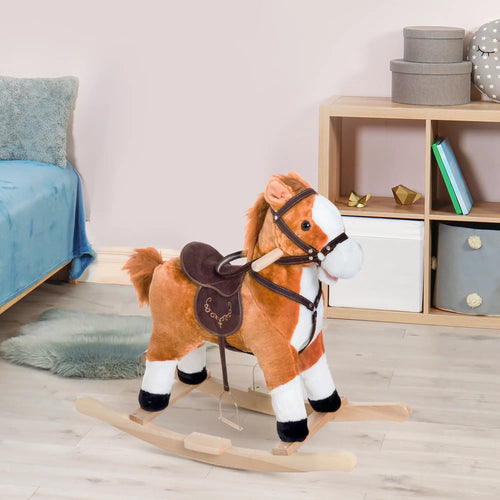 Kids Rocking Horse, Plush Ride-On Toy, Realistic Sound, Brown, Red