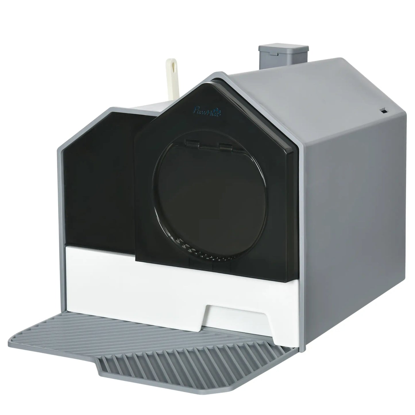 Hooded Cat Litter Box with Lid, Pull-Out Drawer, Scoop, Grey Cat Litter Box Enclosures Grey, white, black at Gallery Canada