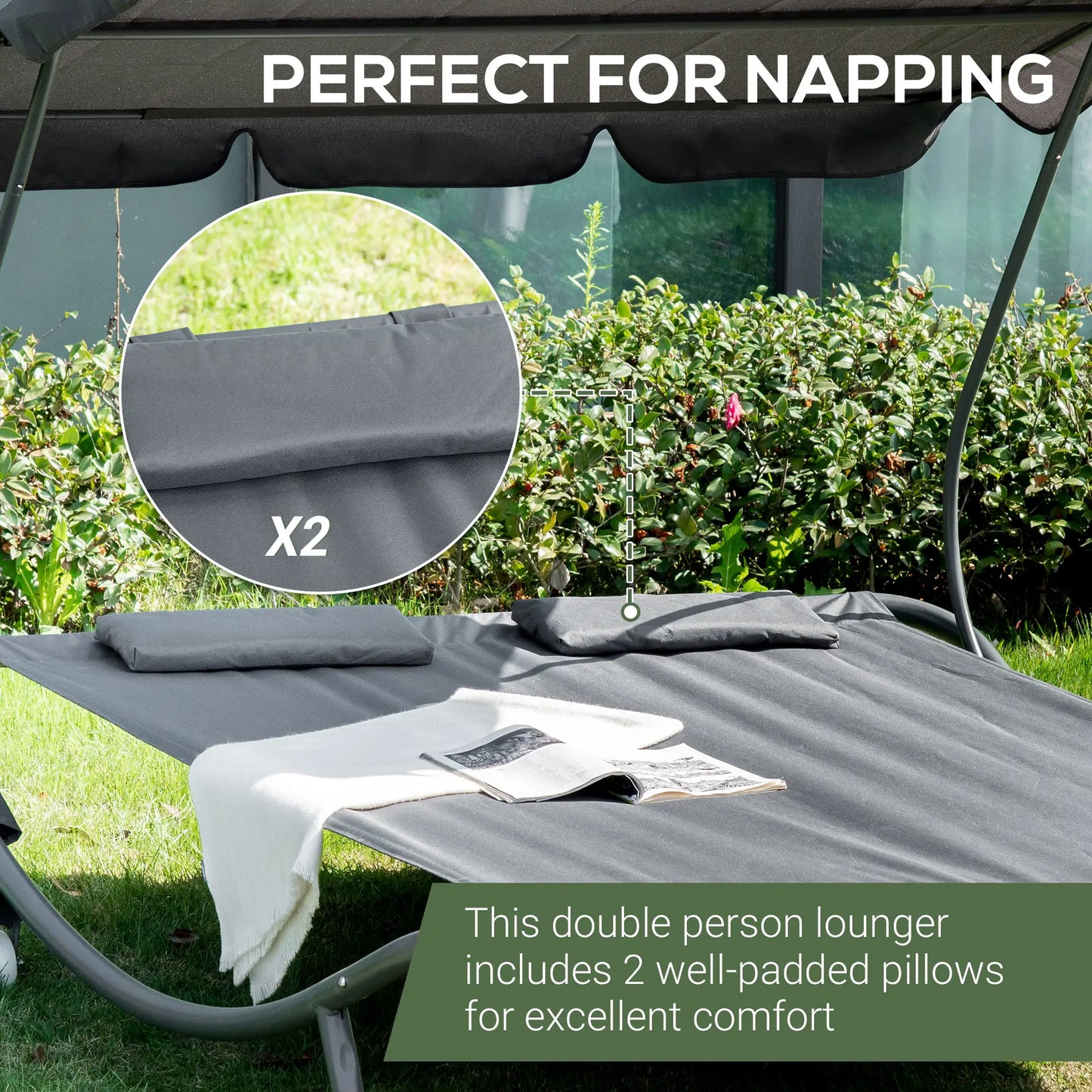 Double Patio Lounger, Adjustable Canopy, Headrest Pillows, 2 Wheels, Grey Lounger Chairs at Gallery Canada