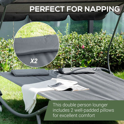 Double Patio Lounger, Adjustable Canopy, Headrest Pillows, 2 Wheels, Grey Lounger Chairs at Gallery Canada