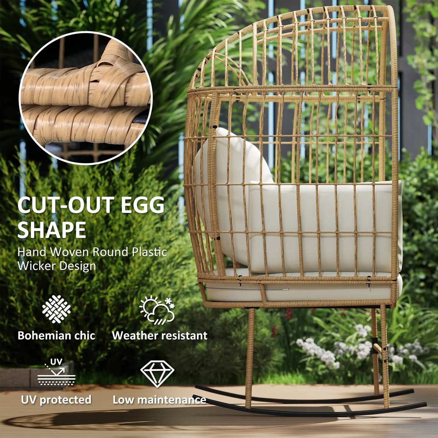 Oversized Rocking Chair, Indoor Outdoor Egg Chair, Thickened Cushions, Wicker Patio Lounger, Beige Outdoor Rocking Chairs at Gallery Canada