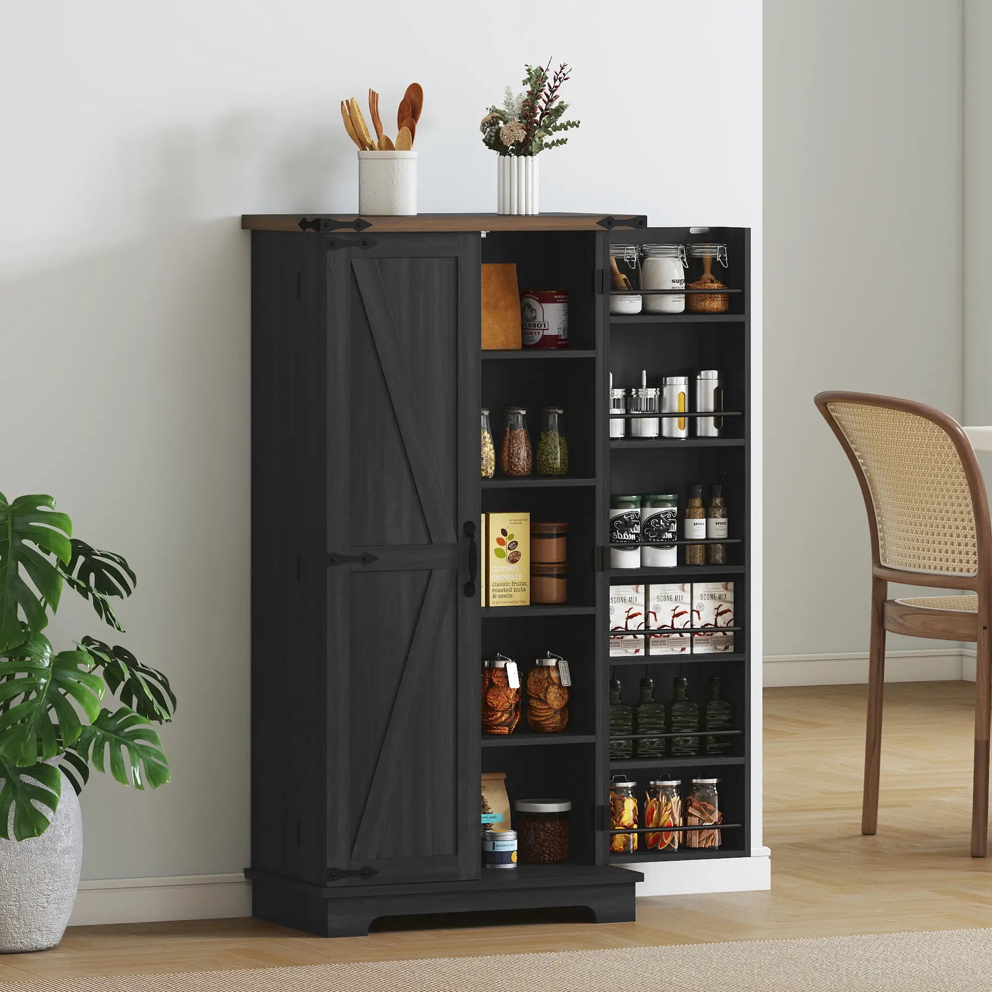 47 Inch Kitchen Pantry Cabinet, Adjustable Shelves, Black Kitchen Pantry Cabinets at Gallery Canada