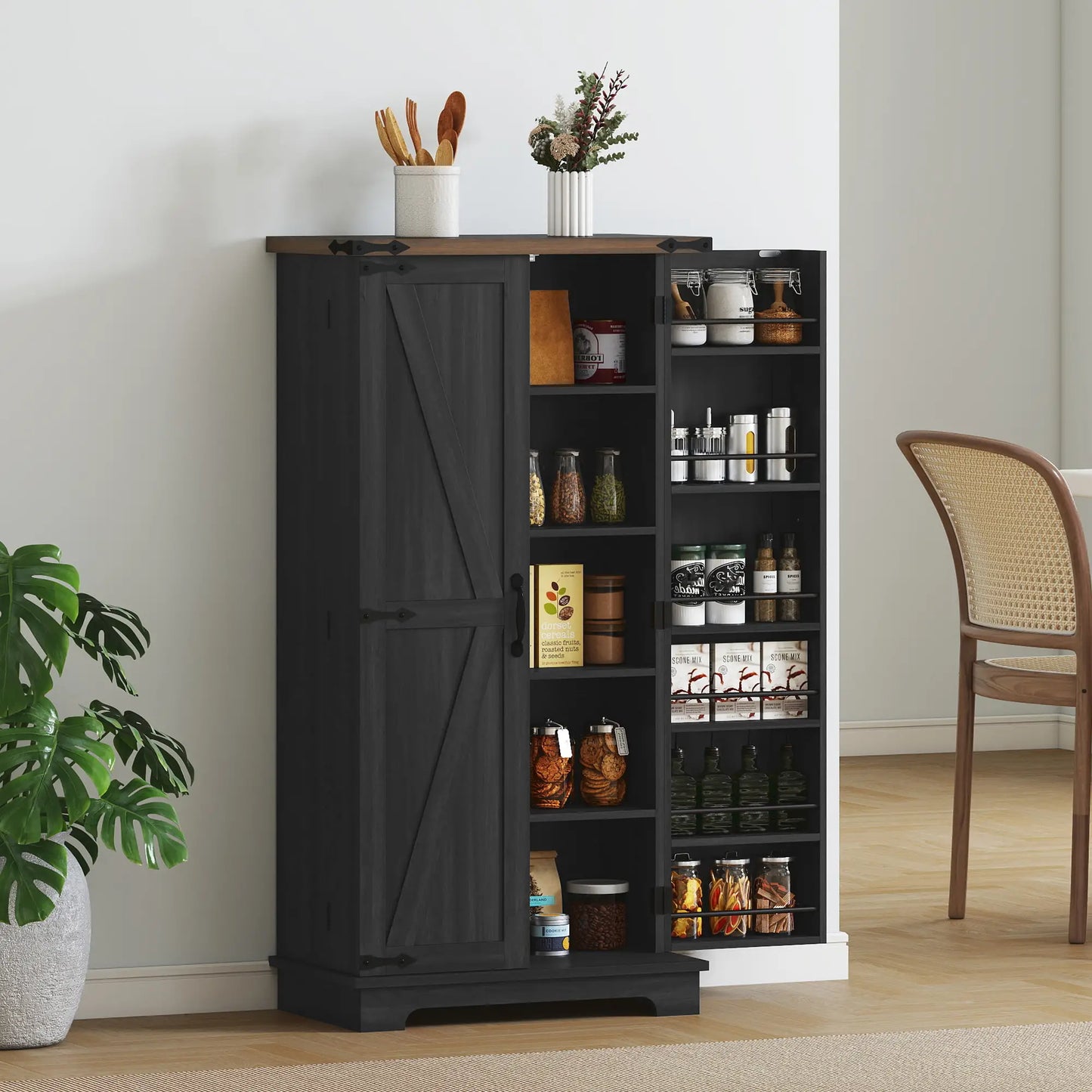 47 Inch Kitchen Pantry Cabinet, Adjustable Shelves, Black Kitchen Pantry Cabinets at Gallery Canada