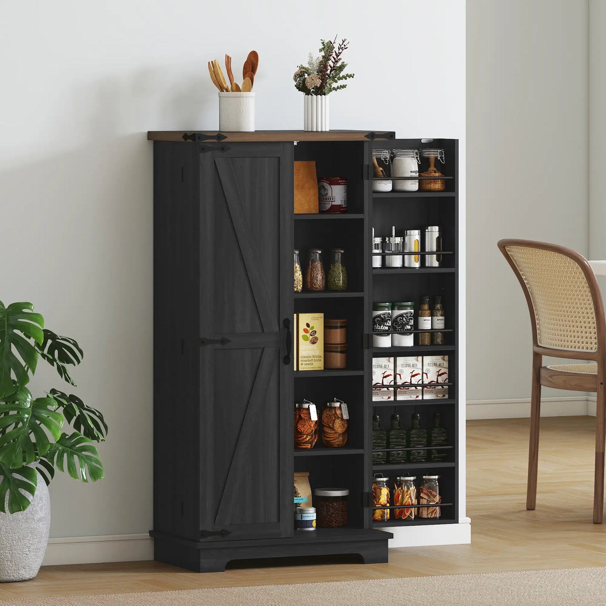 47 Inch Kitchen Pantry Cabinet, Adjustable Shelves, Black Kitchen Pantry Cabinets at Gallery Canada
