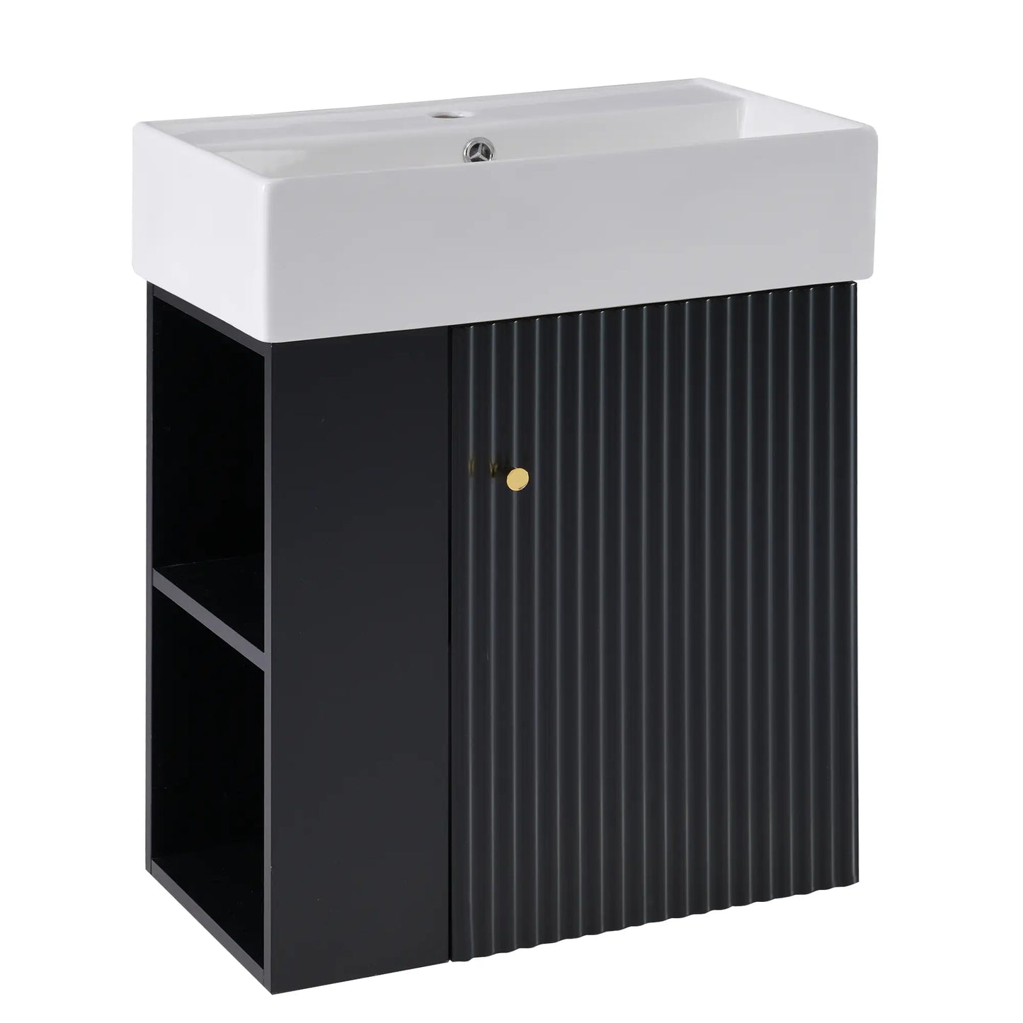 Floating Bathroom Vanity, Ceramic Basin, Side Storage, 21.5" L x 12" W x 26.5" H, Black Sink Cabinets Black at Gallery Canada