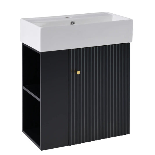 Floating Bathroom Vanity, Ceramic Basin, Side Storage, 21.5" L x 12" W x 26.5" H, Black Sink Cabinets Black at Gallery Canada