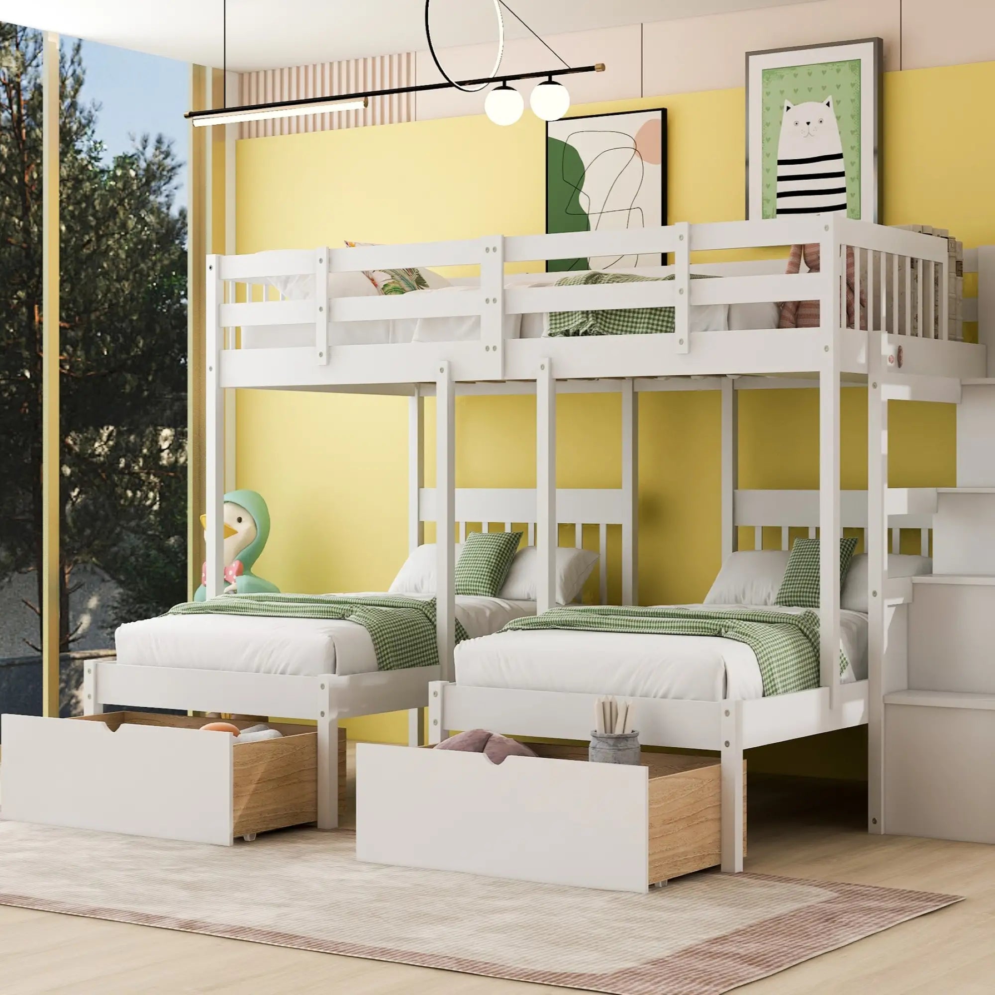 Twin Triple Bunk Bed with Storage Drawers, Pine Wood Frame, 115