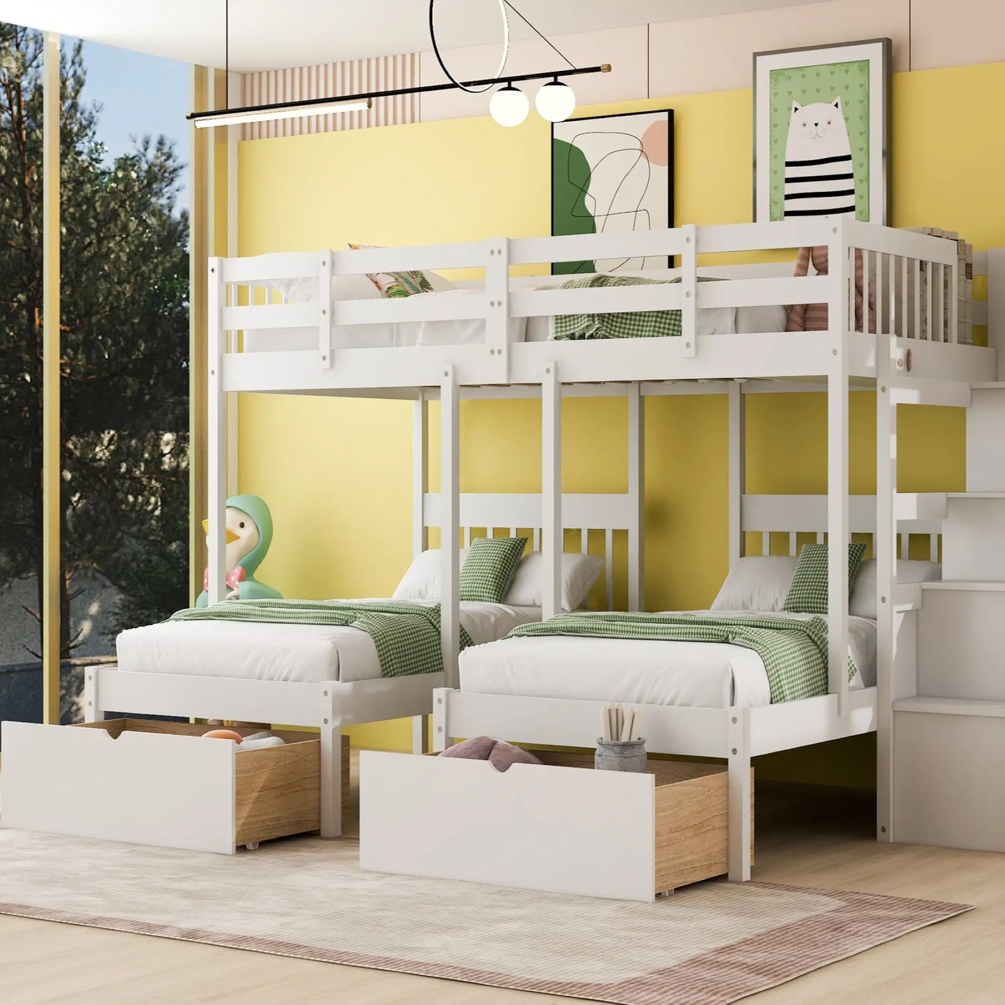 Twin Triple Bunk Bed with Storage Drawers, Pine Wood Frame, 115" L x 76" W x 64.5" H, White Bed Frames at Gallery Canada