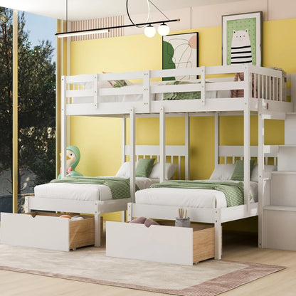 Twin Triple Bunk Bed with Storage Drawers, Pine Wood Frame, 115" L x 76" W x 64.5" H, White Bed Frames at Gallery Canada