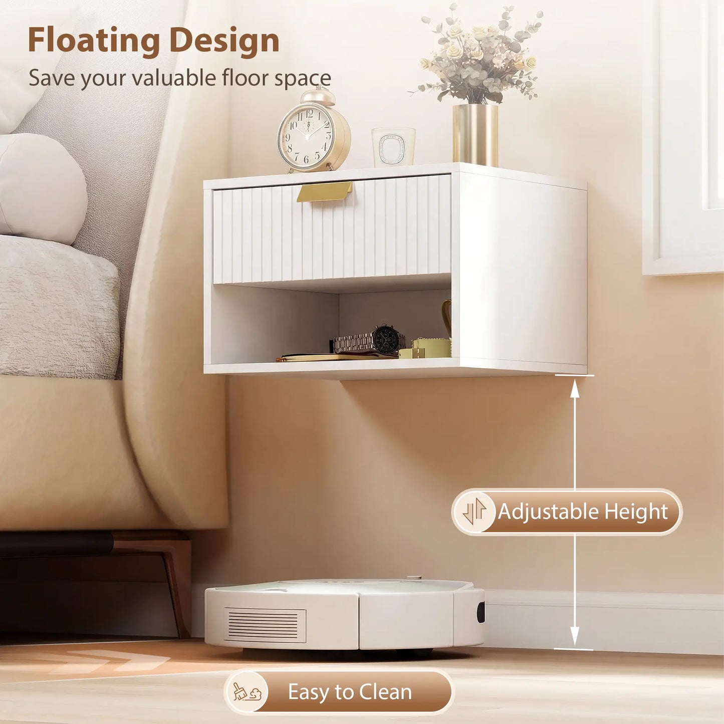 Set of 2 Floating Nightstands, Wall Mounted with Fluted Drawer and Shelf, White