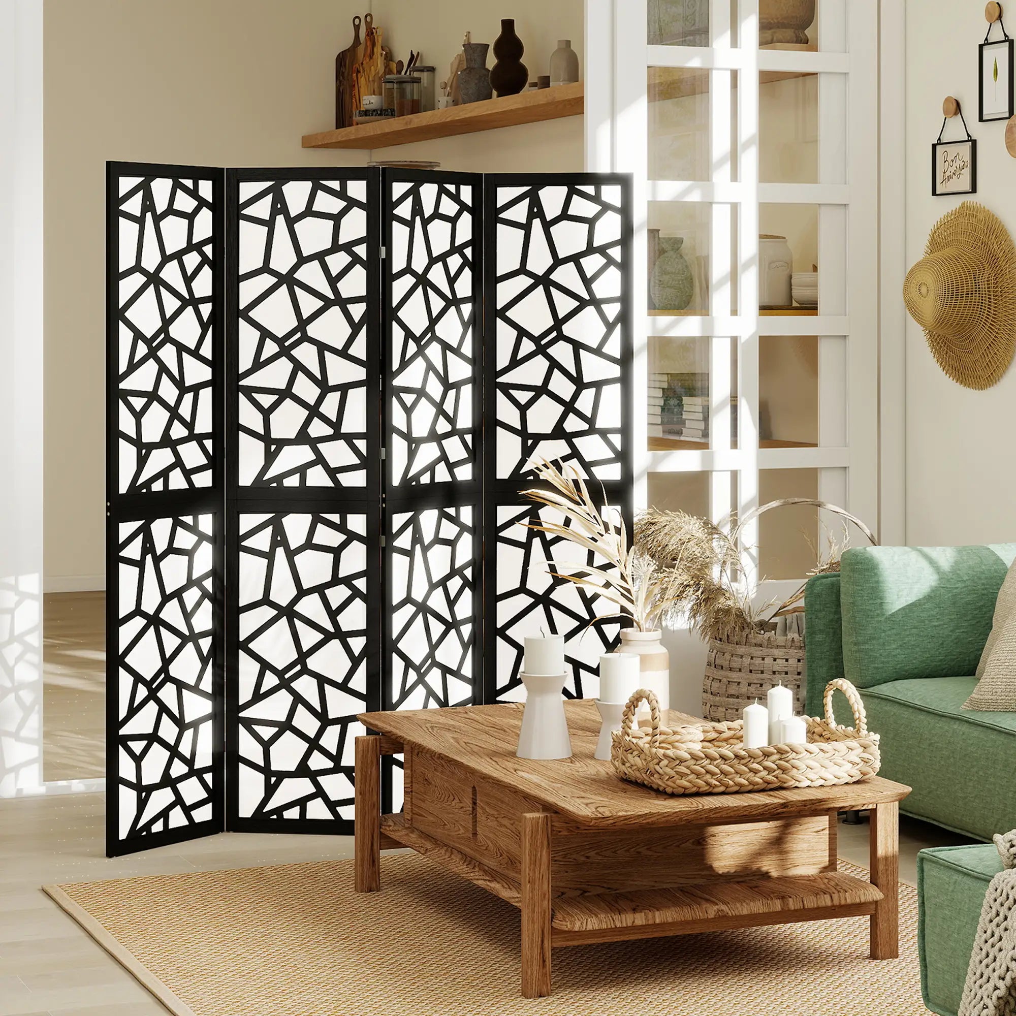 4 Panel Room Divider, 5.6 FT, Geometric Pattern Privacy Screen, Black Room Dividers at Gallery Canada