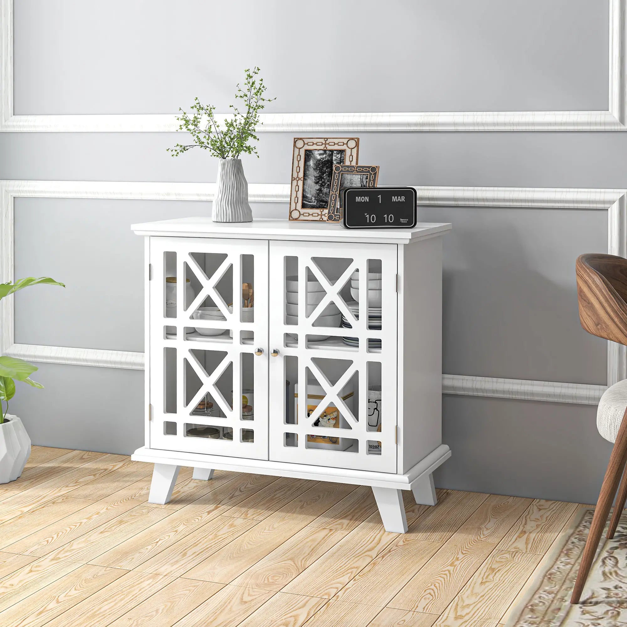 Modern Storage Cabinet with Fretwork Doors, Shelf, White Storage Cabinets at Gallery Canada