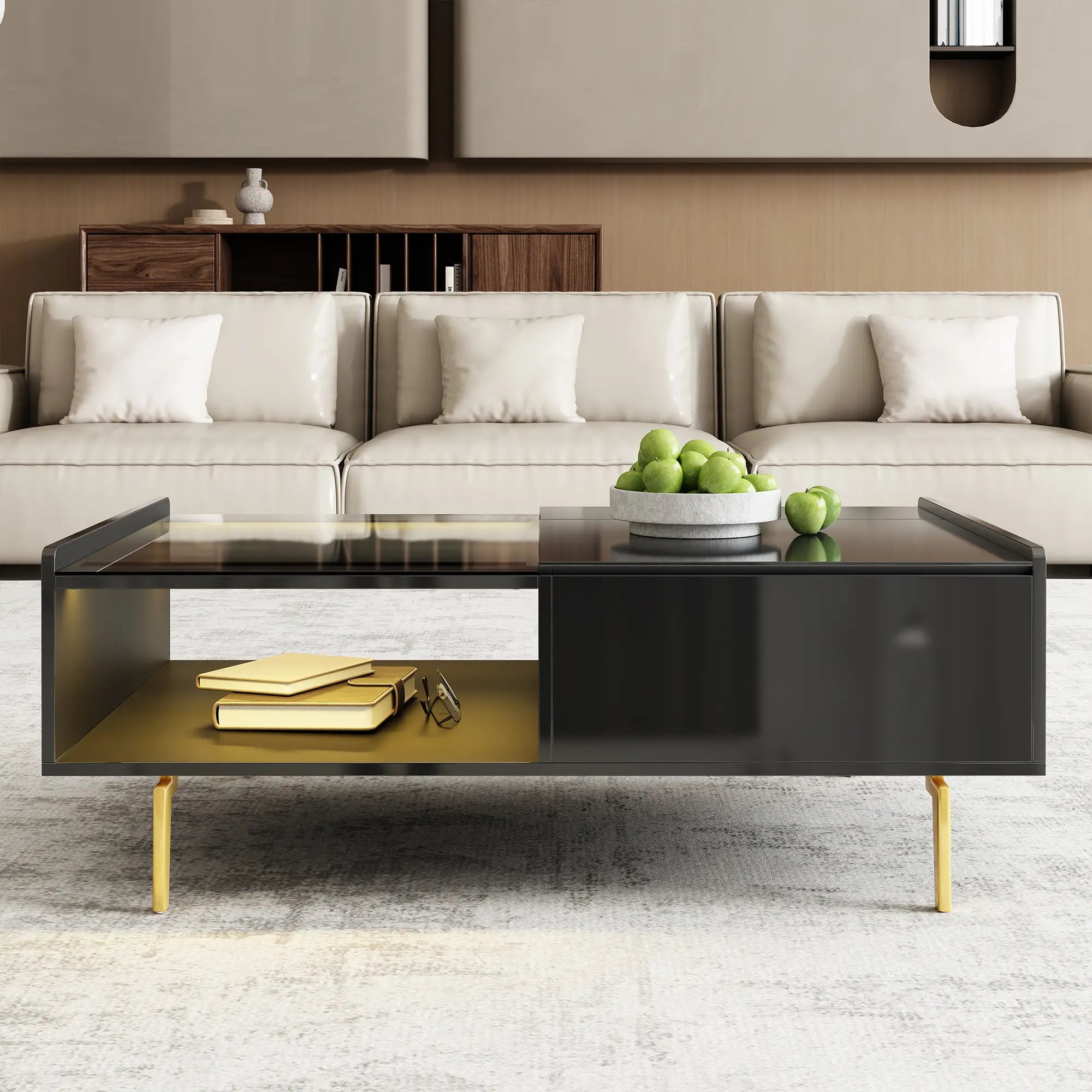 LED Coffee Table, Glass Top, Adjustable Height, Storage, 43.5