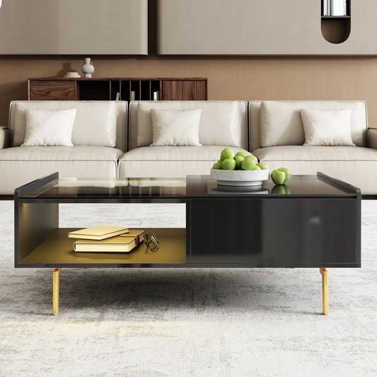 LED Coffee Table, Glass Top, Adjustable Height, Storage, 43.5" L x 21.5" W x 15.5" H, Black Coffee Tables Black at Gallery Canada