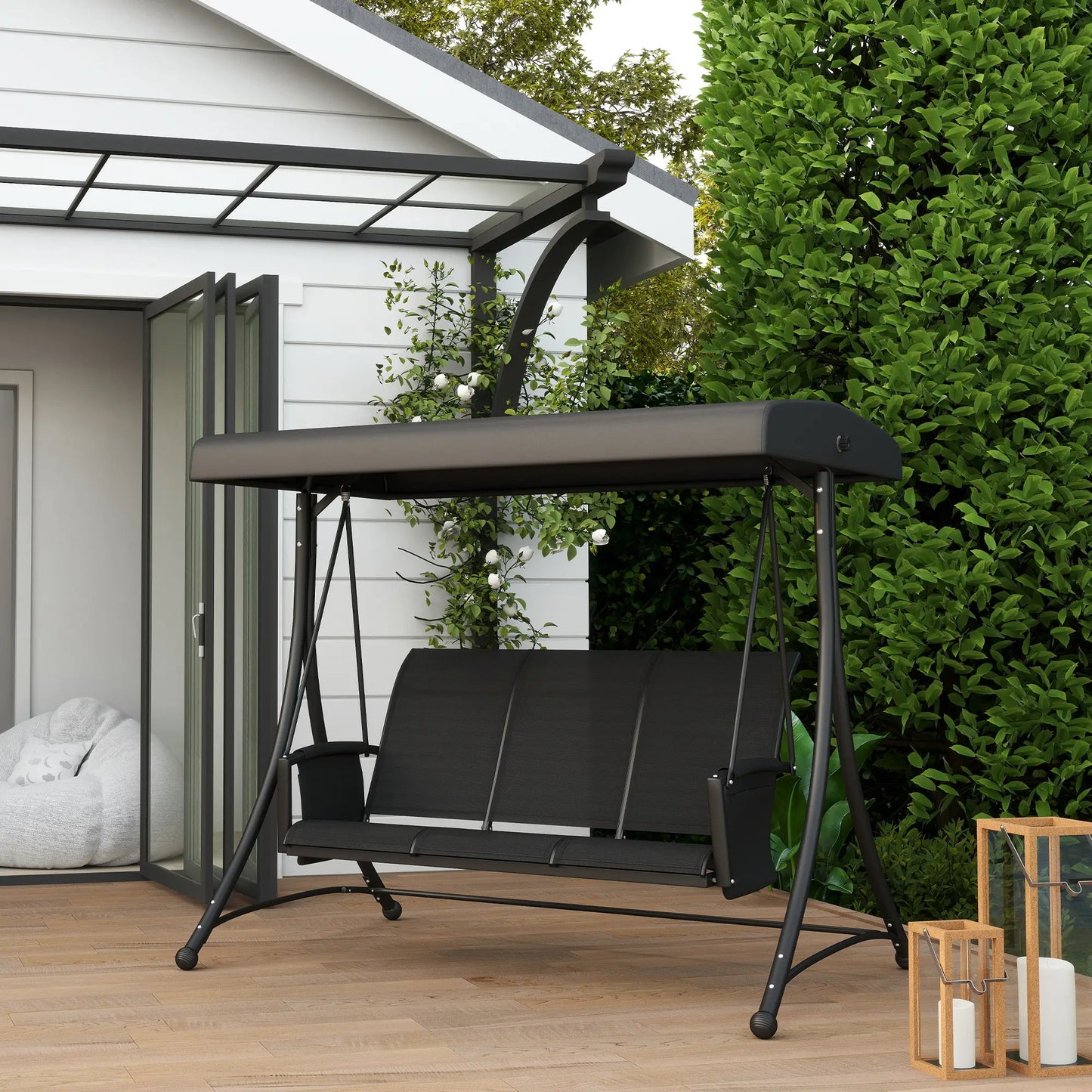 3 Person Porch Swing Chair, Adjustable Canopy, Black Porch Swings with Canopy at Gallery Canada