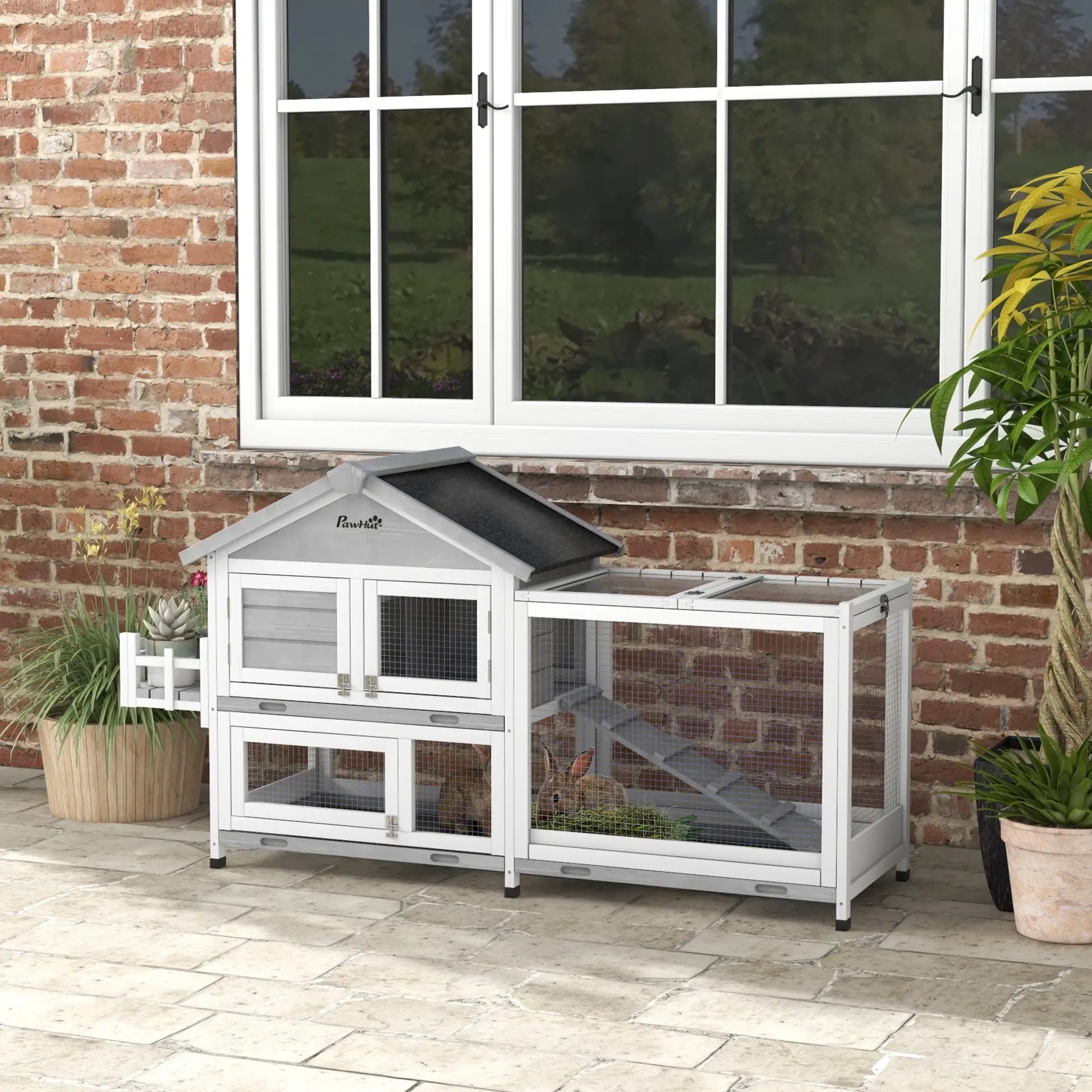 65" Wooden Rabbit Hutch, Pet Playpen with Roof, Storage Box, Grey Rabbit Hutch at Gallery Canada