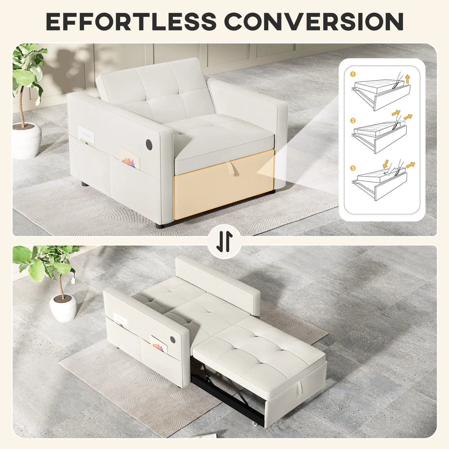 Convertible Chair Bed, Pull Out Sleeper with USB, Adjustable Backrest, Velvet Futon, Cream White Single Sofas at Gallery Canada