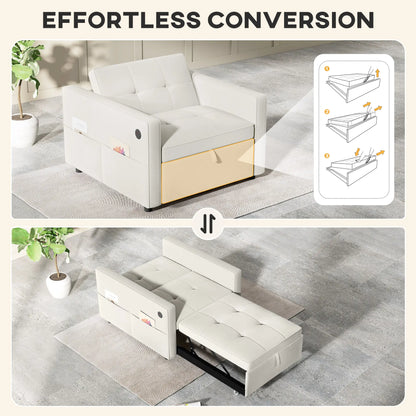 Convertible Chair Bed, Pull Out Sleeper with USB, Adjustable Backrest, Velvet Futon, Cream White Single Sofas at Gallery Canada