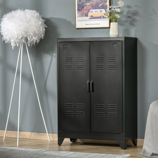 Metal Storage Cabinet, 2 Louvered Doors, Adjustable Shelves, Black Storage Cabinets Black at Gallery Canada