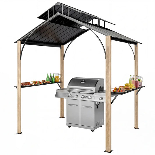 8 x 6ft Hardtop Grill Gazebo, Metal Double Roof, Wood-Grain Aluminum Frame BBQ Grill Gazebos Light Brown, Black at Gallery Canada