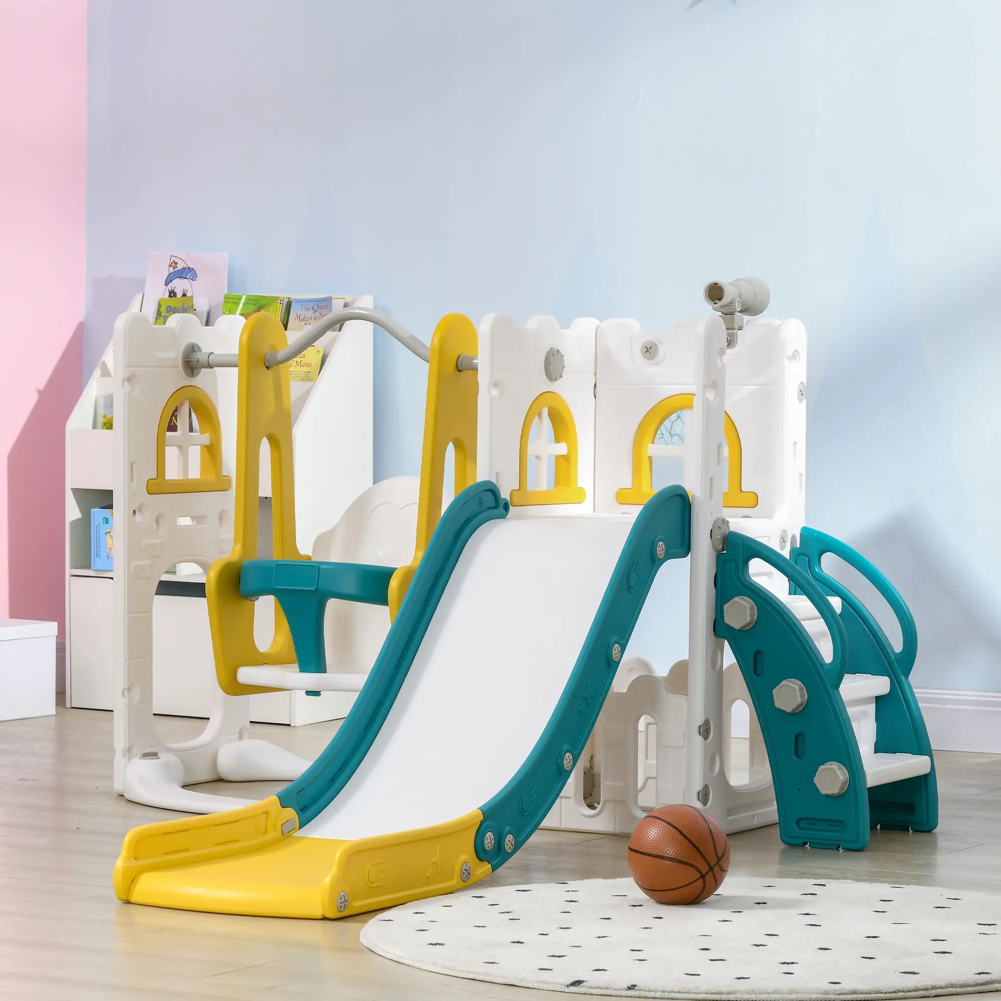 6-in-1 Baby Swing Playset, Indoor with Basketball Hoop, Climber, Yellow Gym Sets & Swings at Gallery Canada