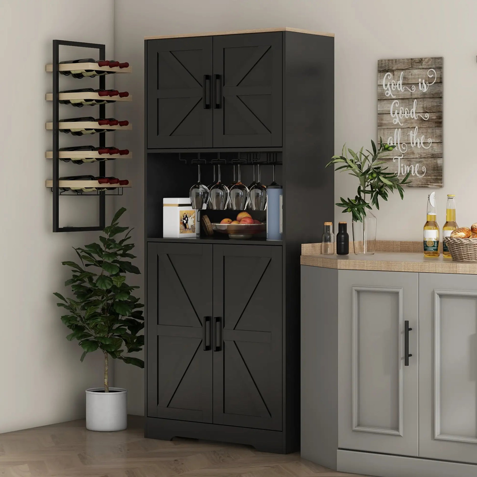 Farmhouse Kitchen Pantry, 68" Freestanding Cabinet, Black Kitchen Pantry Cabinets at Gallery Canada