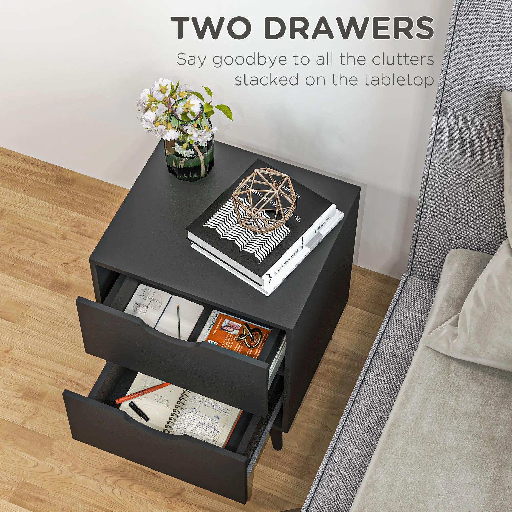 Modern Bedside Table, Nightstand with 2 Drawers, Pine Wood Legs, Black Bedside Tables at Gallery Canada