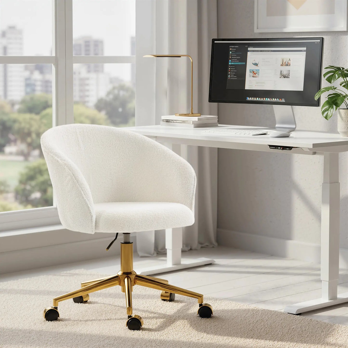 Office Chair, Teddy Fleece Upholstered Vanity Desk Chair, Cream White Task Chairs at Gallery Canada