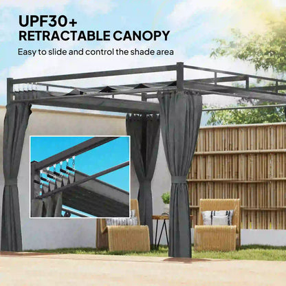 10' x 10' Dark Grey Outdoor Gazebo, Retractable Pergola Canopy With Curtains, Dark Grey Pergolas at Gallery Canada